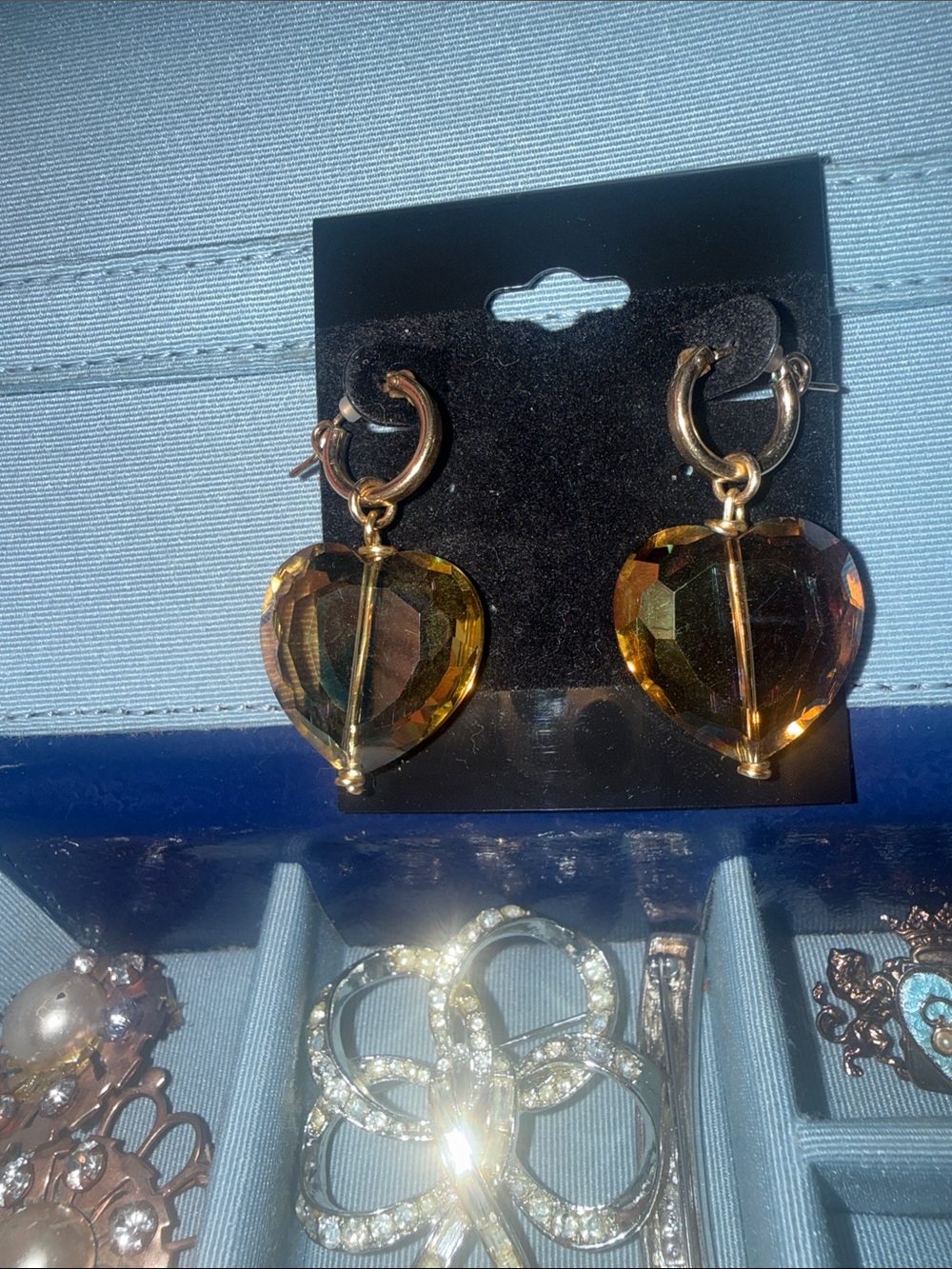 😍Vintage 1/20 14K Gold Heart Drop Earrings with Crystal Hearts